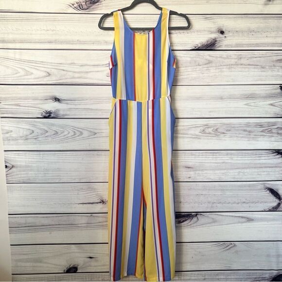 Lush Yellow & Periwinkle Striped Wide Leg Open Back Jumpsuit - Picture 1 of 7